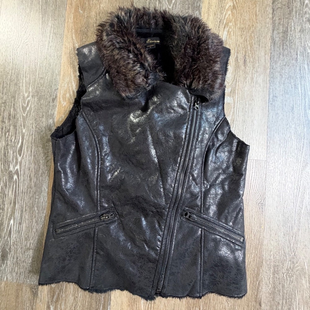 Eivissa Faux Leather Vest Womens L Black Faux Fur Trim Moto Asymmetrical Zip